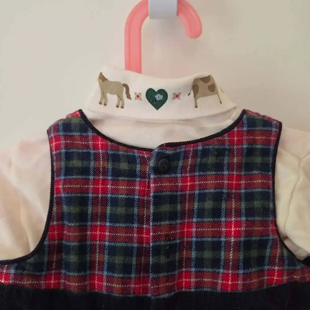 Flourishing Baby 24M Plaid Farm Animal Romper Turtleneck Set 90s